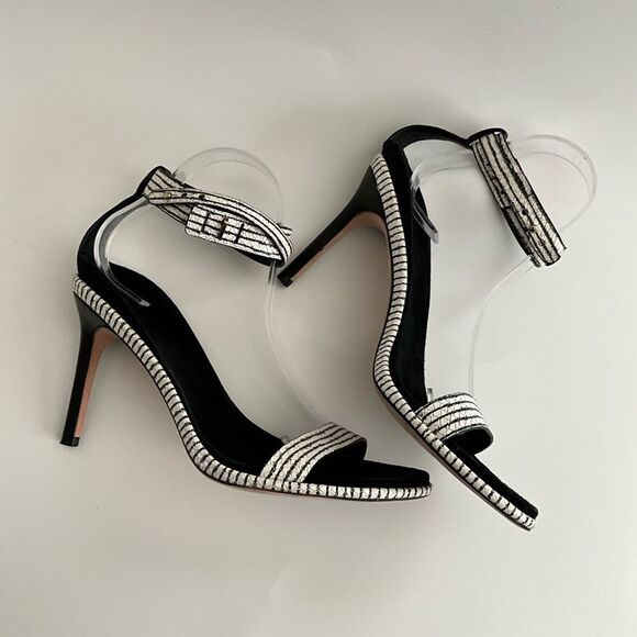 Cole Haan Leather Cyro Striped Snake Embossed Heeled Sandals Black White 10 - Picture 5 of 12